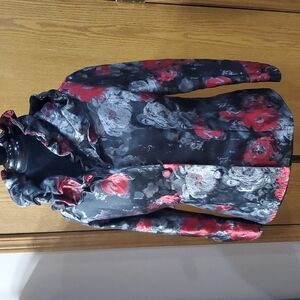 Puli abstract roses satin like red black grey wire formed collar unique blazer